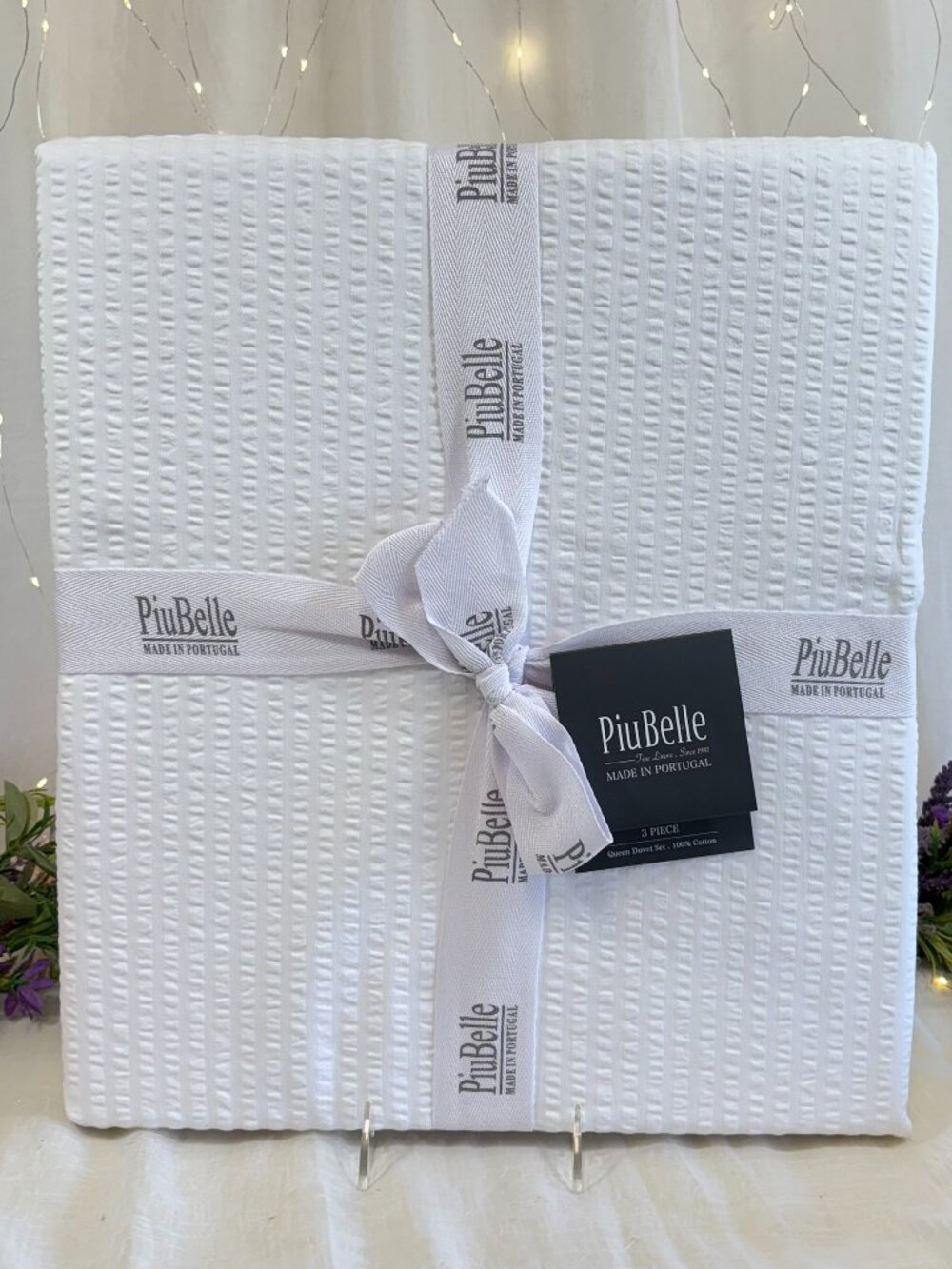 PiuBelle Seersucker Queen Duvet Set 3pc White Cotton Made In PORTUGAL Shabby
